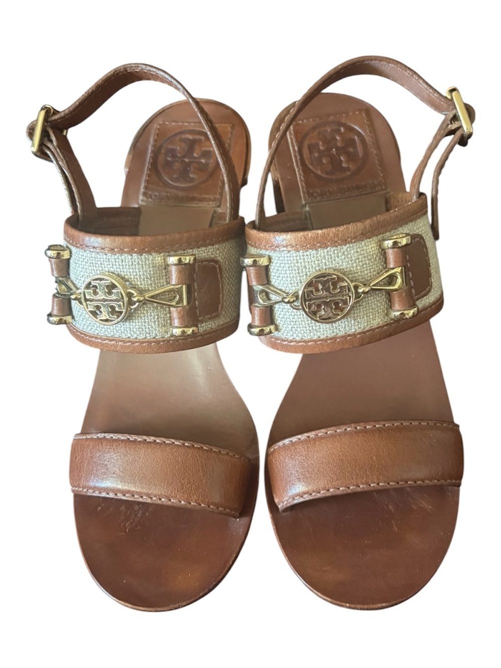 Tory Burch Brown Leather and Beige Canvas Logo Strap Sandals